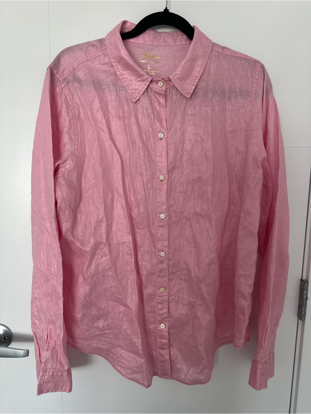 100% Linen Lilly Pulitzer Seacoast Linen Pink Button Down Top Size Large